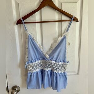 SHEIN Blue and White Lace Trim Tank Top